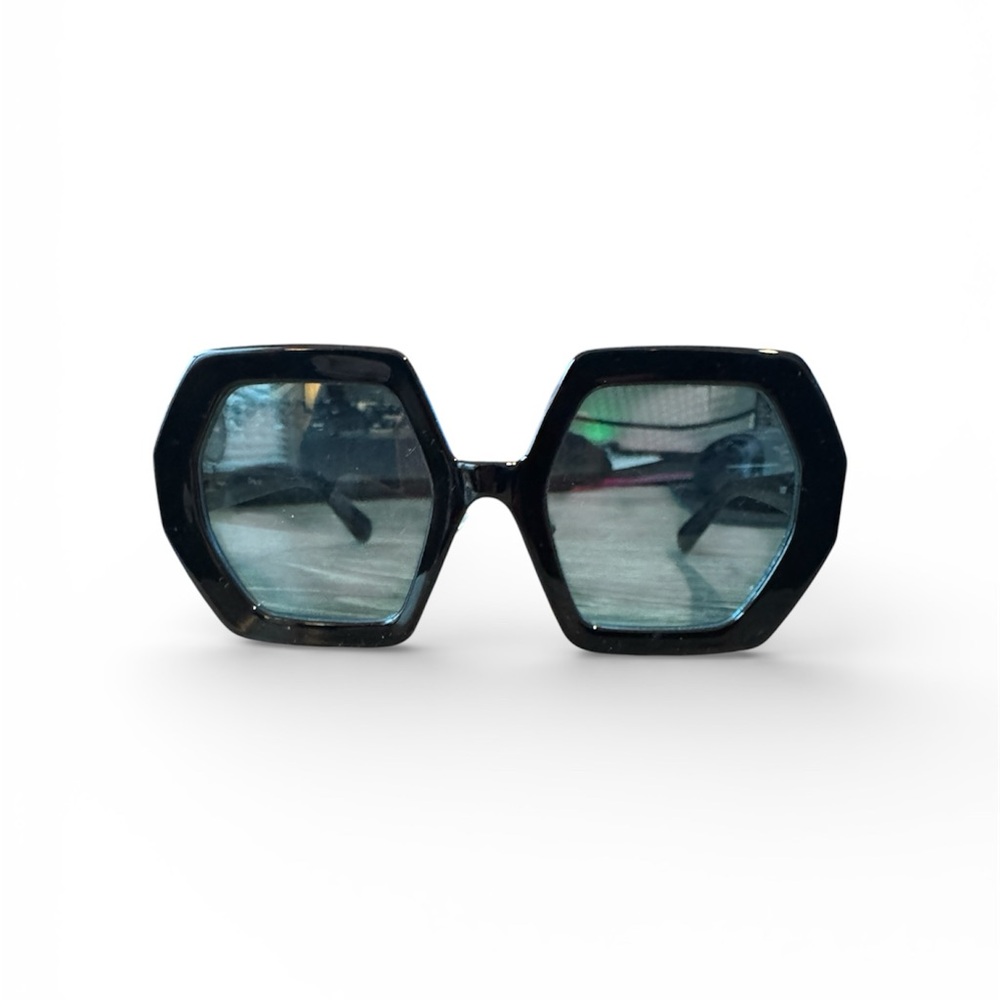 Black With Blue Lens Tint Hexagonal Sunglasses